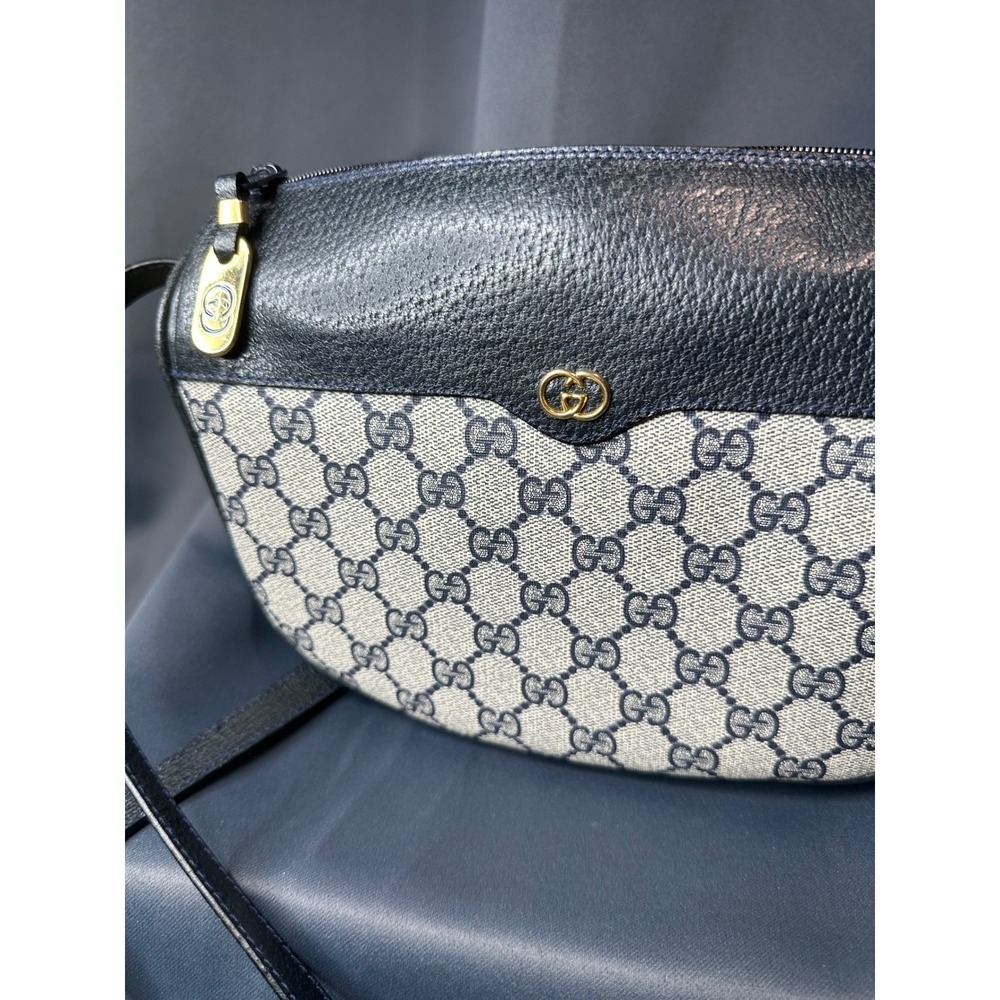 Gucci Vintage GG Supreme Monogram Crossbody Bag Navy Blue Leather Trim Italy - Picture 15 of 16